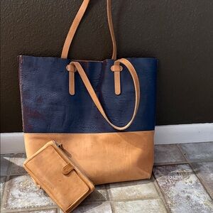 Consuela Two-Tone Navy and Tan Leather Tote with Matching Wallet